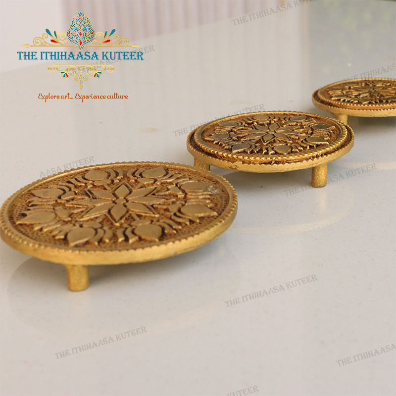 Round Stools With Lotus <Br>Design For Pooja Room (3 Sizes) Set